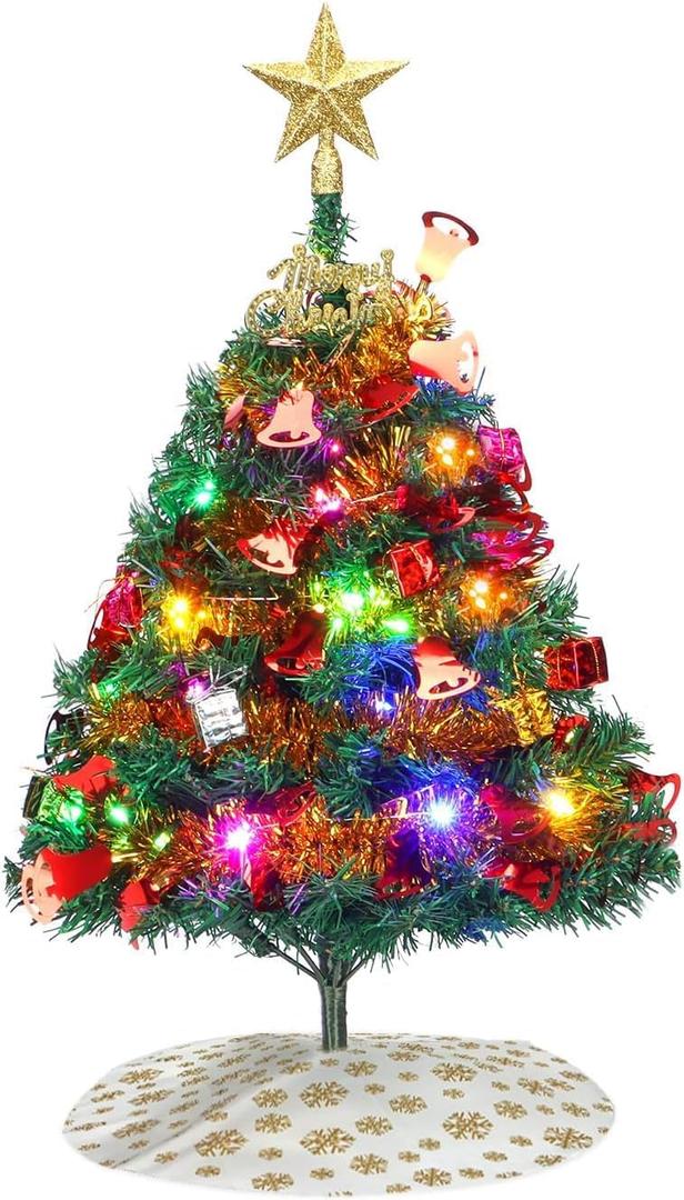 Mini Christmas Tree, 24"/60cm Tabletop Artificial Christmas Tree with Ornaments & LED String Lights, Small Desktop Xmas Tree with Tree Skirt for Room and Office (1ft 11in, Green)