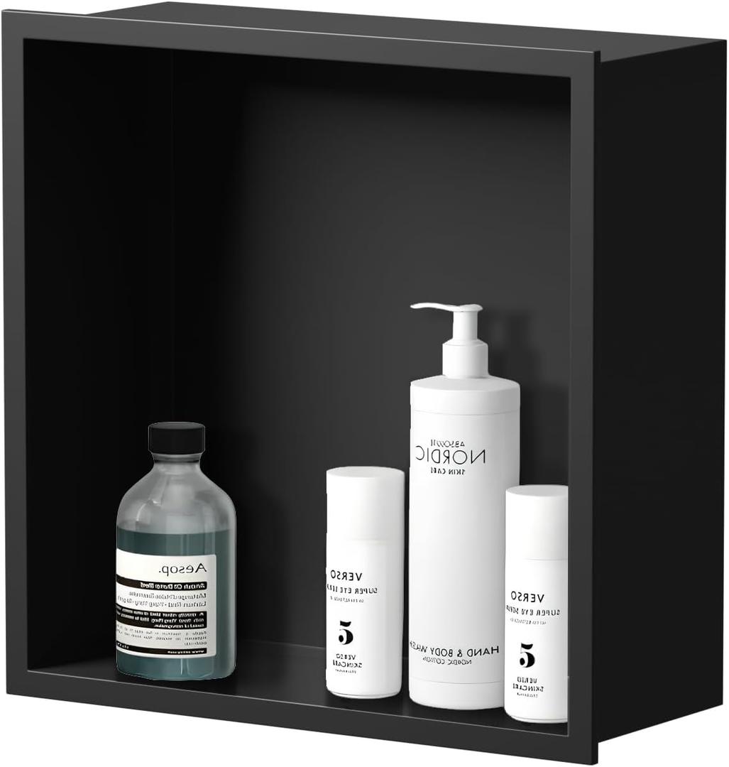 304 Stainless Steel Recessed Black Shower Niche Single Shelf 12x12 Inch Wall-Inserted, Waterproof Rustproof Bathroom Shower Niche Insert No Tile Needed, for Shower & Bathroom Storage