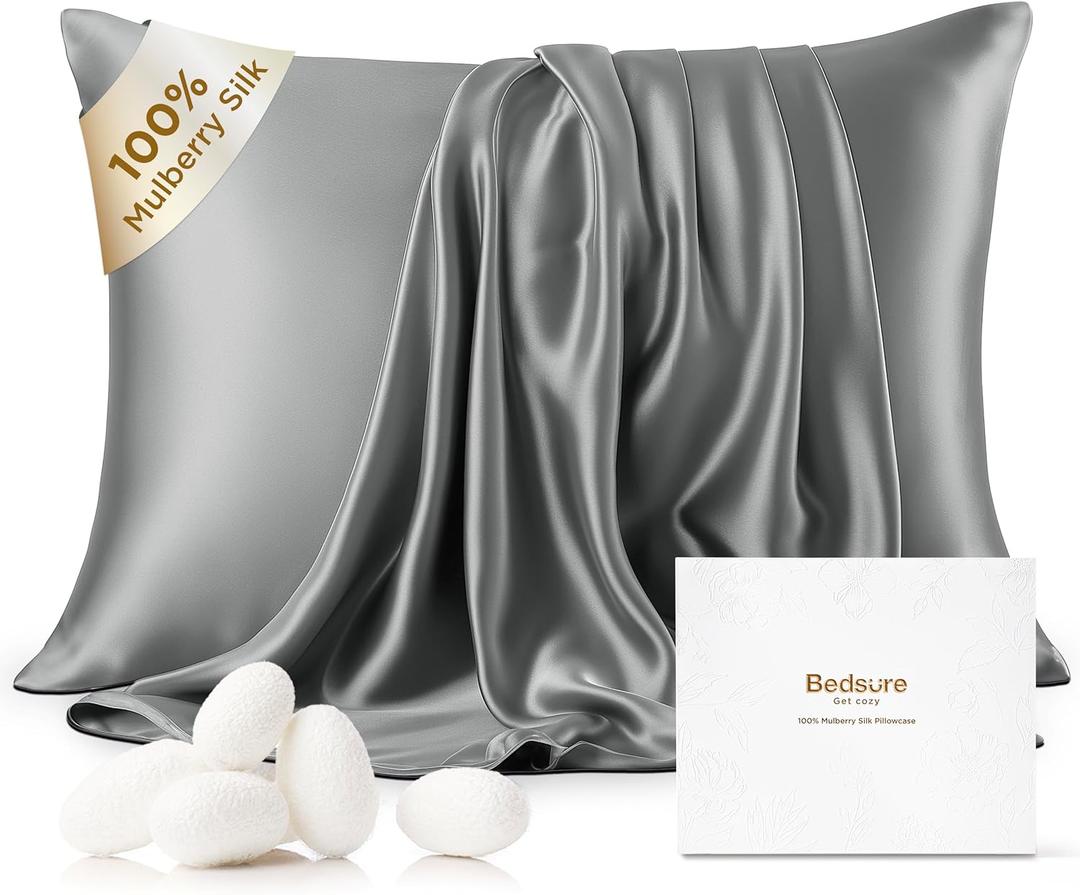 Bedsure 100% Mulberry Silk Pillowcase for Hair and Skin,Dark Grey Silk Pillow Case with Hidden Zipper, Gifts for Women Men, Standard Size Single Pack,20x26 Inches