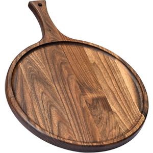 Round American Dark Walnut Wood Cutting and Serving Board with Handle - Charcuterie Wooden Board - Stylish Versatility for Your Kitchen - 17x13x0.8 in - Woodie Poppins (Large)