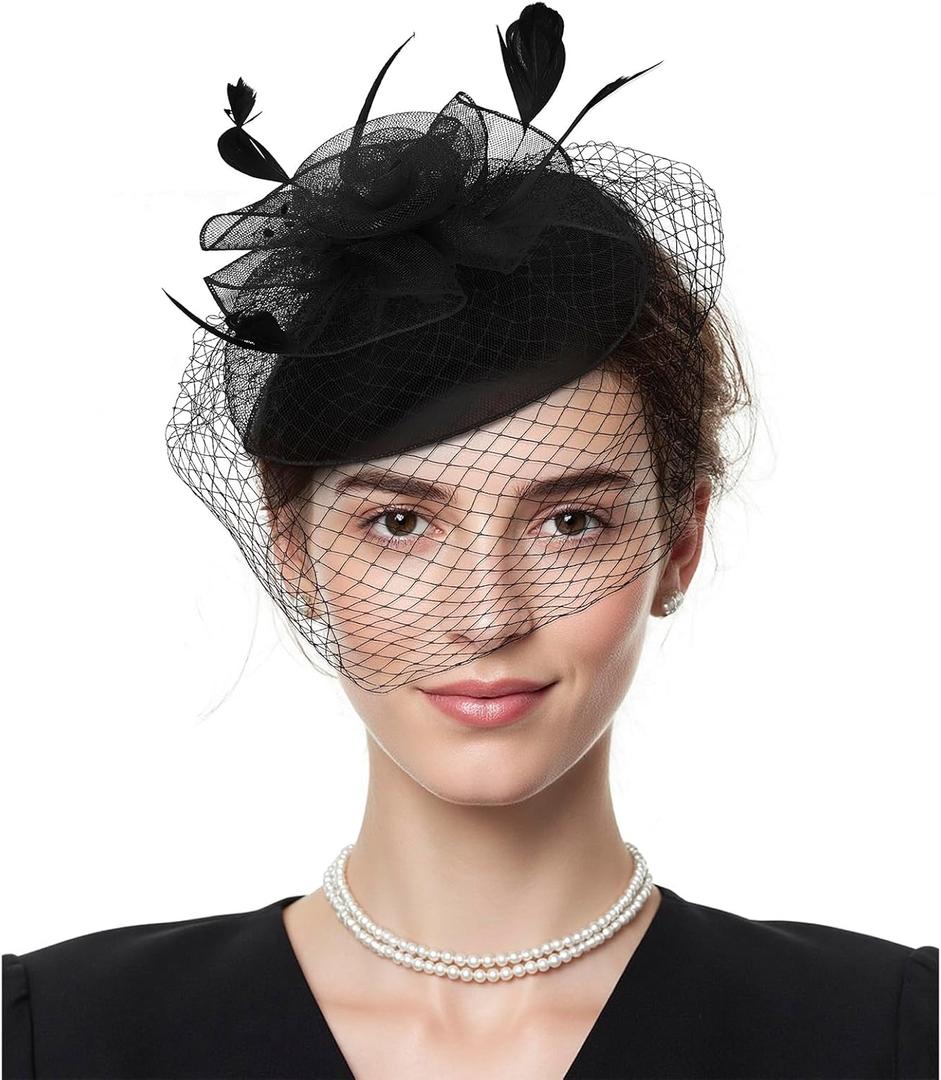 American Trends 2025 Derby Hat Fascinators Hats Tea Party Wedding Church Hats for Women Headwear Hair Clip (A2 Black)