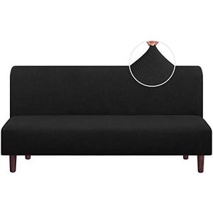 PrinceDeco Stretch Armless Futon Cover Futon Slipcover Full Queen Size Futon Couch Sofa Cover Bed Cover Furniture Protector with Elastic Bottom, Checked Pattern Jacquard, Black