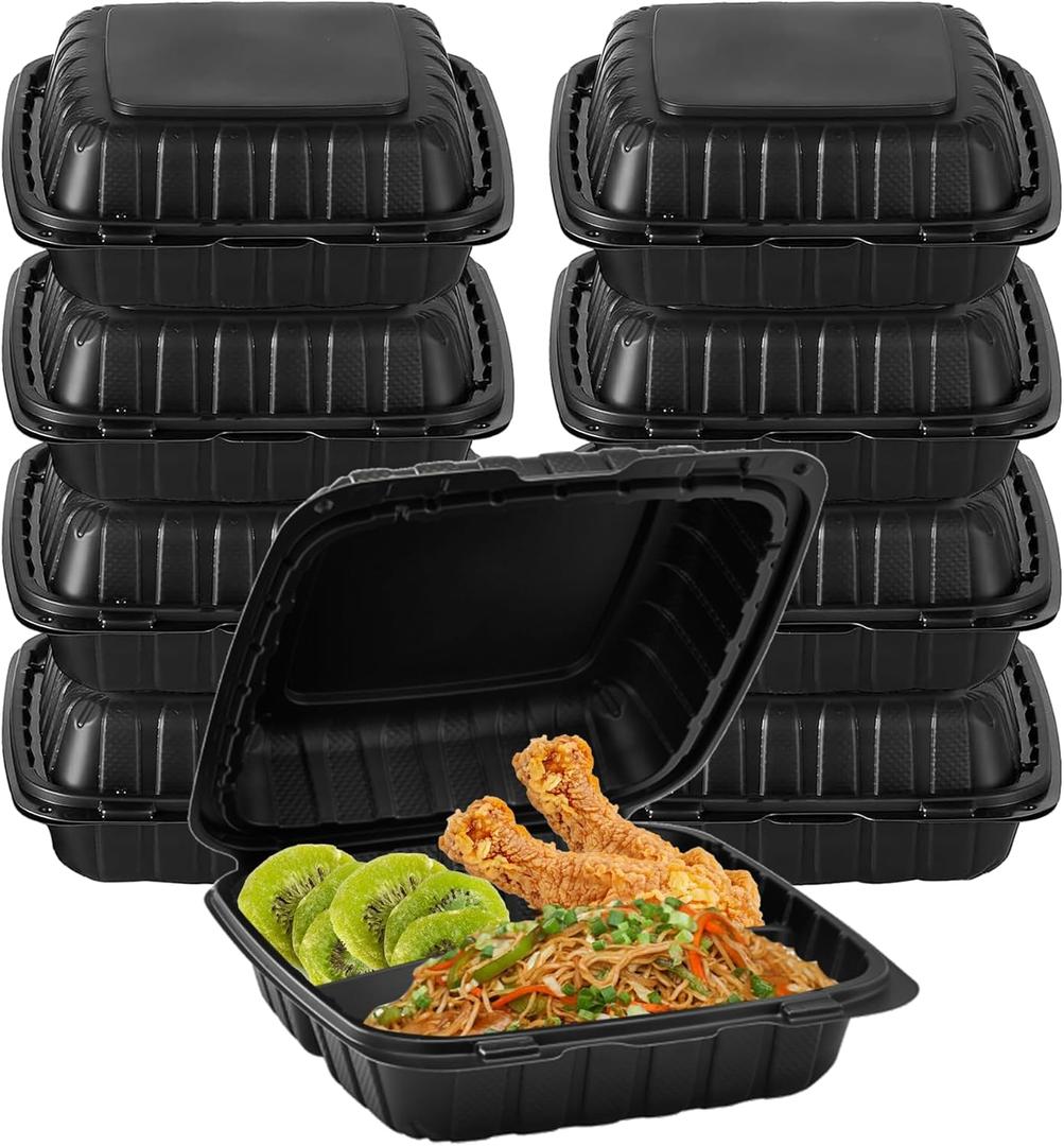 8" X 8" 3-Compartment To Go Food Take Out Containers Boxes With Lids | 50 Pack Microwaveable Black Mineral-Filled Disposable Togo Plates Clamshell Containers With Dividers For Lunch Home Carry Away