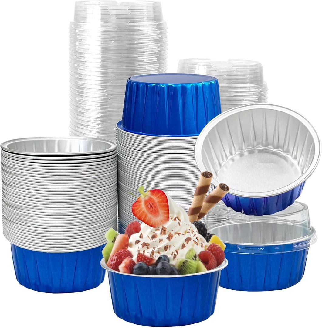 100Pcs Aluminum Cups with Lids,5oz Disposable Ramekin Baking Cups Muffin Liners Mini Pie Pans Foil Cupcake Containers for Christmas Party Wedding Party,Dark Blue