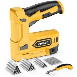 POPULO Electric Staple Gun, 2 in 1 Electric Stapler Tacker 4V Cordless Brad Nailer Kit, Battery Powered Nail Gun for Upholstery, Carpentry, DIY with Staple Remover, 1600 Staples and Nails, Yellow