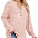 V Neck Sweaters for Women Long Sleeve Tunic Tops Knitted Casual Loose Pullover Sweaters (Small, Pink)