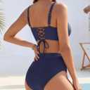 BMJL Womens High Waisted Bikini Sets Ribbed V Neck Lace Up Back Swimsuits | durable and non-see-through fabric, push up top, adjustable straps, removable pads, metal U-wire, color block, full coverage (Blue, L)