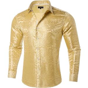 DiBanGu Silk Mens Dress Shirts,Woven Paisley Long Sleeve Button Down Shirt for Men Casual Regular Fit Shirts Wedding Party (Large, Champagne)