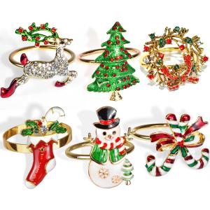 Gold Christmas Napkin Rings Set of 8, A Curated Collection of 6 Holiday Designs (Reindeer, Snowflake) - Create an Unforgettable Dinner Table, Reusable & Sturdy Metal Holders