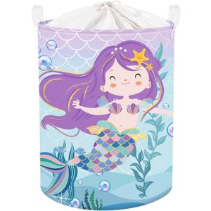 Clastyle 45L Cute Purple Mermaid Girls Laundry Basket Round Blue Ocean Toy Clothes Storage Basket for Children's Room 36 x 45 cm
