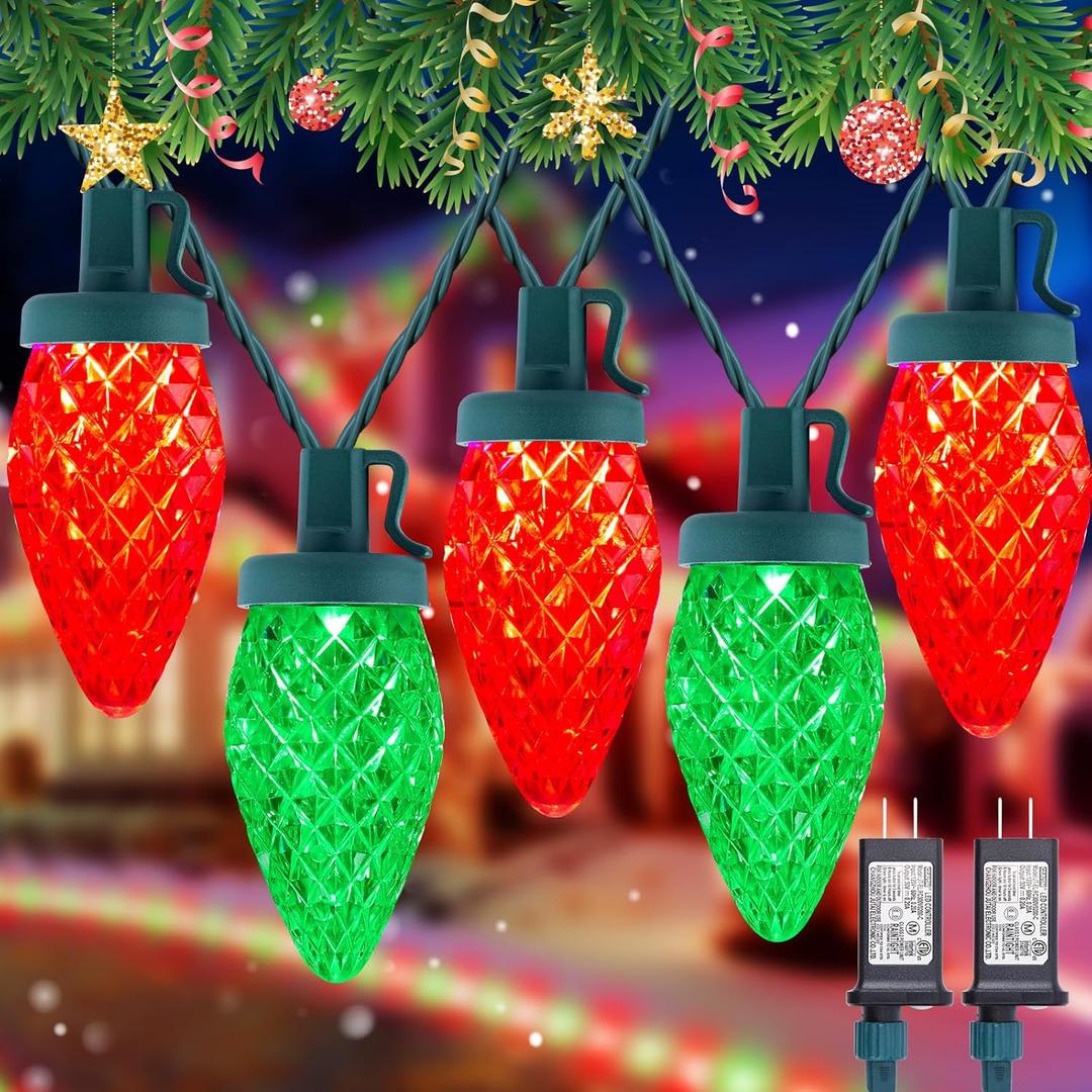 2 Pack C9 LED Christmas String Lights - Each 82ft 100 LED Outdoor String Lights with Timer and 8 Lighting Modes, Plug in Extendable Roofline Lights String for Outside Yard Christmas Holiday Decoration (Red and Green)