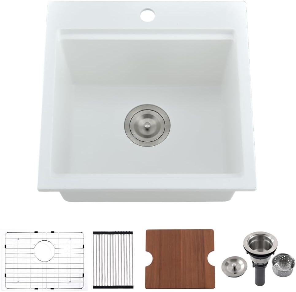 15 Inch White Drop In Bar Sink Workstation -Bokaiya 15x15 Quartz Outdoor Rv Wet Bar Sink Single Bowl Small Drop In Kitchen Sinks with Cutting Board