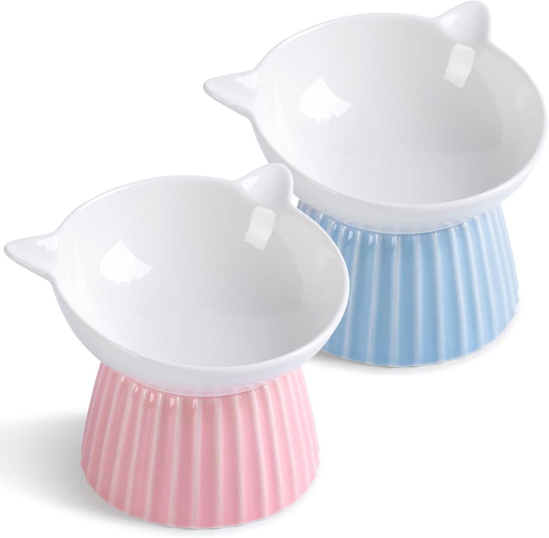 Ceramic Raised Cat BowlTilted Raised Bowl Anti Vomit Bowls for Indoor Cats Whisker Friendly Pet Feeder for Cats Puppies, Microwave and Dishwasher Safe (Pink+Blue)
