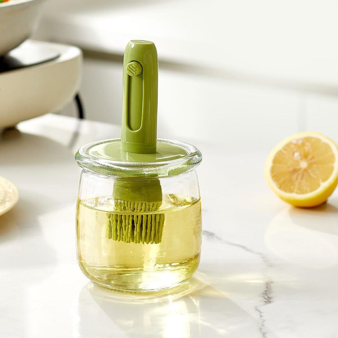 2-in-1 Glass Olive Oil Dispenser with Retractable Silicone Brush  Leakproof Oil Bottle for Cooking, Grilling, Baking & Kitchen Use (White/Green/Yellow) (GREEN)
