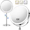 Lighted Makeup Mirror, Rechargeable Height Adjustable Double Sided, 1x/10x Magnifying with 3 Color, Brightness Adjustable, 360 Rotation Vanity, Gift for Women (Chrome)