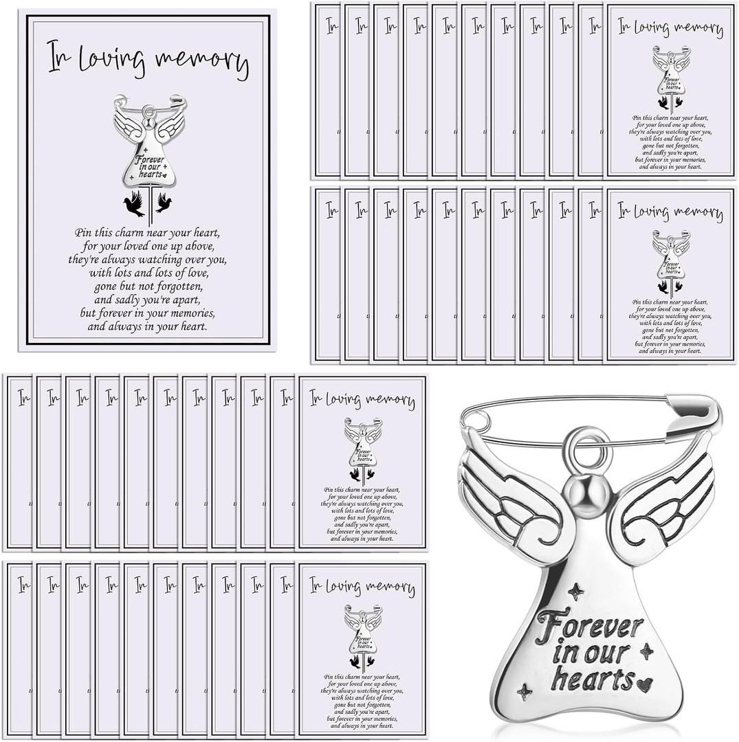 Inbagi 50 Set Funeral Memorial Pins Angel Charm Keepsakes Memorial Message Charms Pendant with Card in Loving Memory Cards with Safety Pins for Guests Mourning Brooch Sympathy Gifts