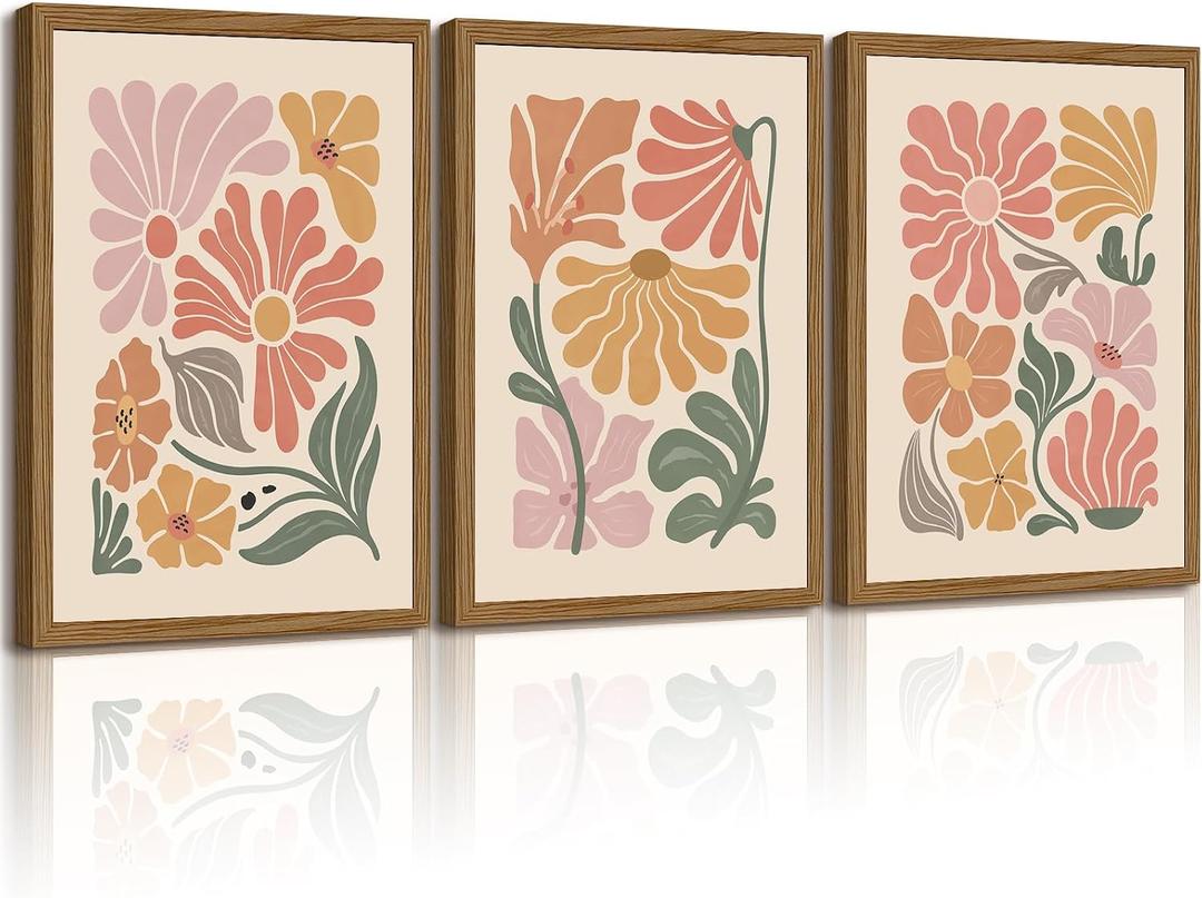 Boho Flower Wall Art Decor Abstract Floral Canvas Prints Botanical Plant Wall Art Pictures Minimalist Flower Market Painting Poster for Living Foom Bedroom 16x24 Inch Wood Framed Set of 3
