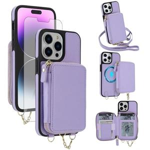 Asuwish Phone Case for iPhone 14 Pro Max Wallet Cover Screen Protector Crossbody Lanyard Strap Compatible with MagSafe RFID Blocking iPhone14promax 5G i Phone14Max Plus iPhone14 ProMax Women Purple