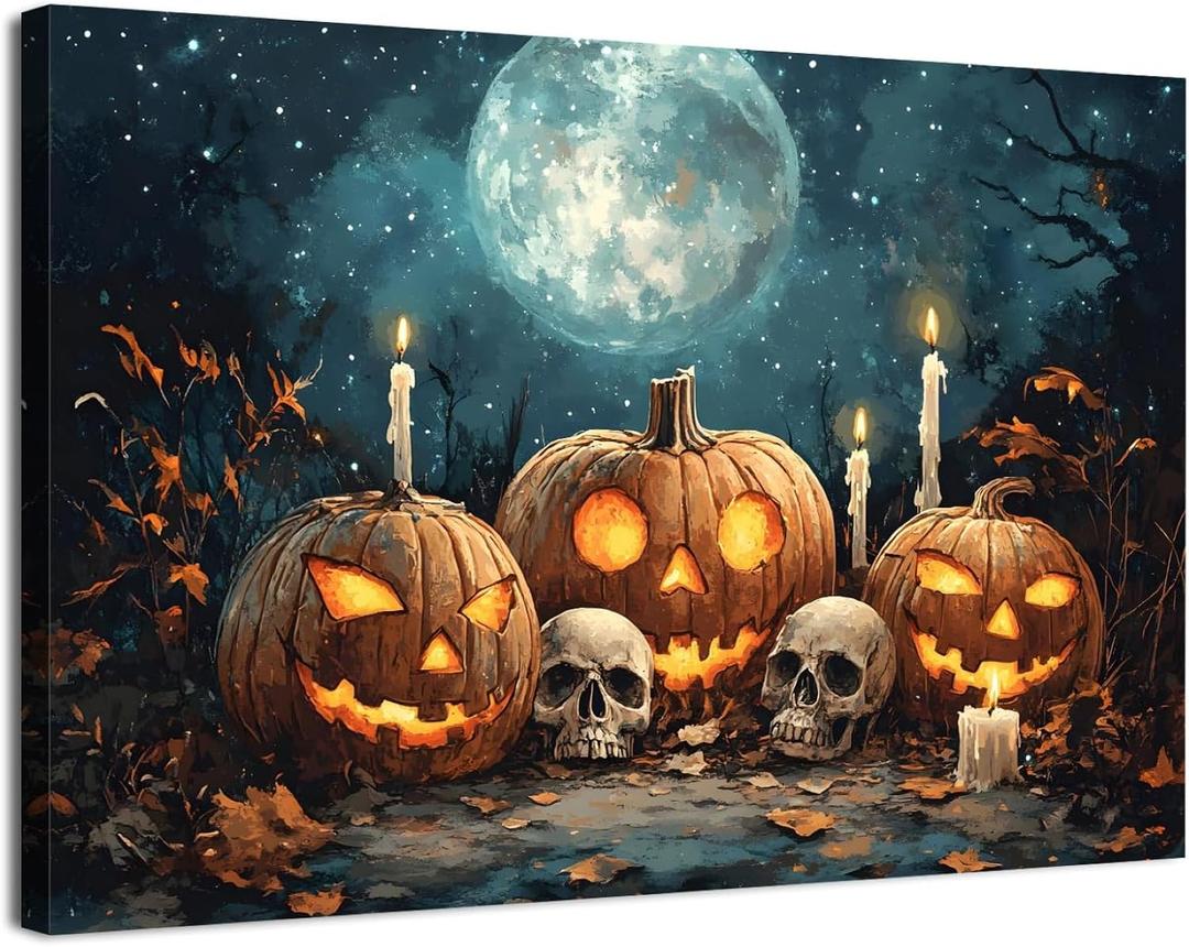Halloween Canvas Wall Art Creepy Pumpkin Skull Wall Decor Horror Pumpkins Jack-o'-Lantern Posters Vintage Fall Moon Night Prints Painting Gothic Artwork Living Room Kitchen Home Decorations 12x16"
