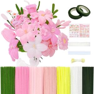601PCS Complete Pink Pipe Cleaners Flower KitPastel Pipe Cleaners for Flowers, DIY Craft Supplies for Projects, 6 Colors, with Floral Wires, Tape, Glue Sticks, Ribbon, Stamen, Manual & Video Tutorial