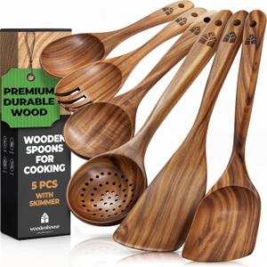 Wooden Spoons for Cooking Wooden Kitchen Utensils Set, 5 Pcs Teak Wood Utensil Set Comfortable Grip NonStick Wooden Cooking Utensils