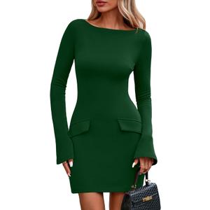 PRETTYGARDEN Womens Fall Long Sleeve Mini Dress 2025 Trendy Boat Neck Bodycon Knit Elegant Short Party Formal Dresses (Green, XXL)