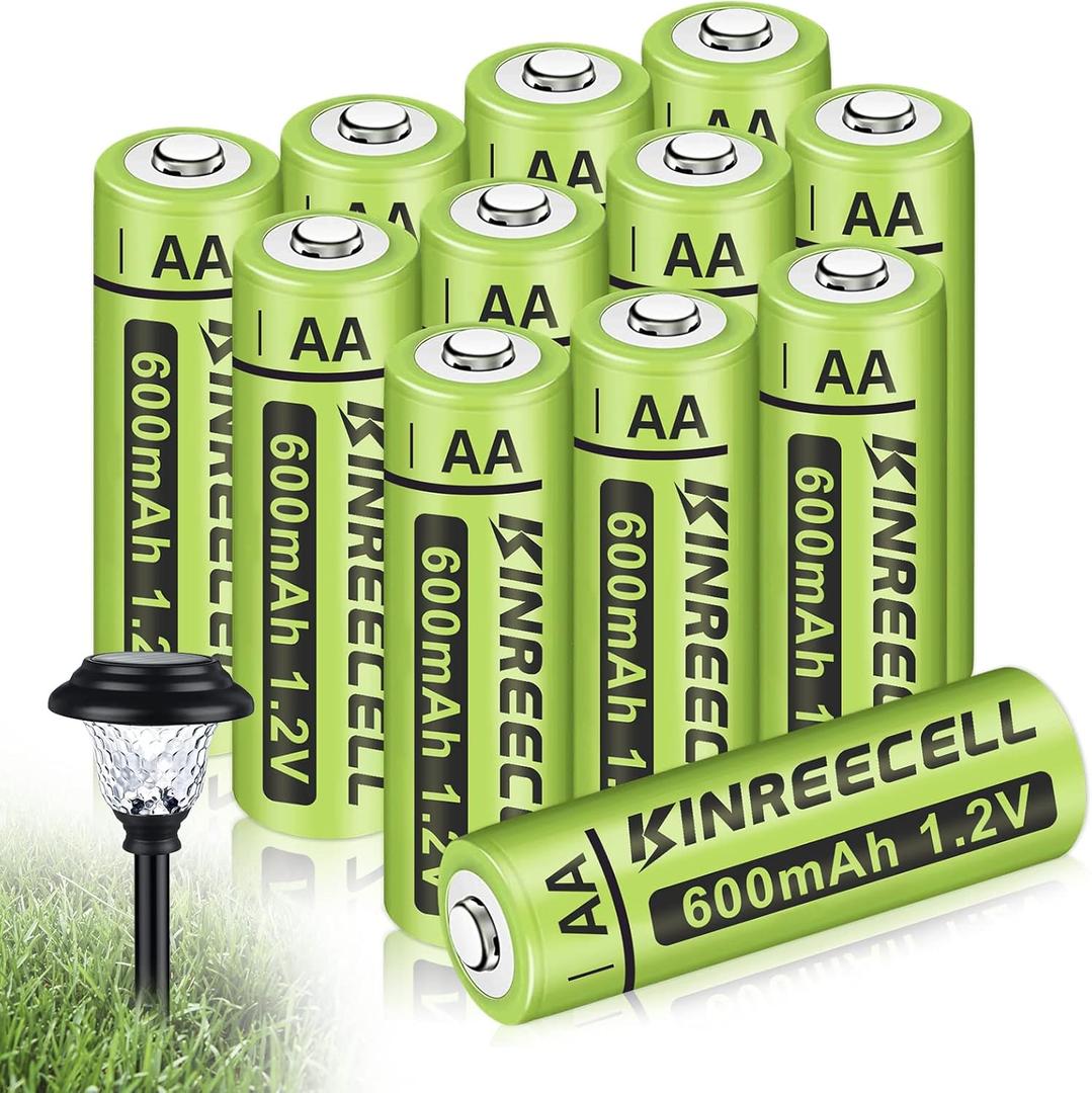 Rechargeable AA Batteries, Ni-MH Double A 600mAh Solar Batteries High Capacity 1.2V Pre-Charged for Outdoor Solar Lights(12pack)