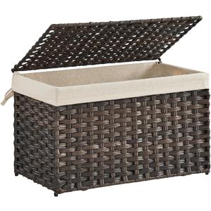 SONGMICS Storage Basket with Lid, 17.2 Gallon (65L) Storage Bin, Woven Blanket Storage Basket with Handles, Foldable, Removable Liner, Metal Frame, for Bedroom, Laundry Room, Brown URST56BR