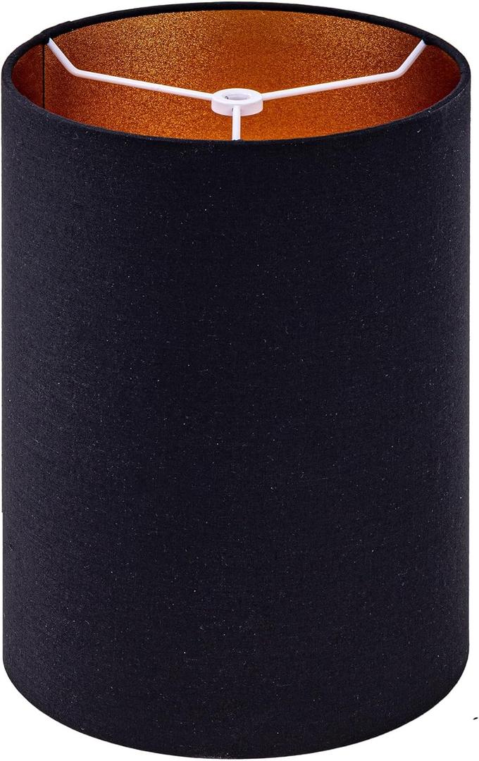 Wellmet BlackGold 8"x 8"x11" Lampshade, No Assembly Required, Classic Modern Lamp Shade for Table Lamp, Bedside Lamp, Floor Lamp, Fabric Drum Lampshade, Spider Fitter