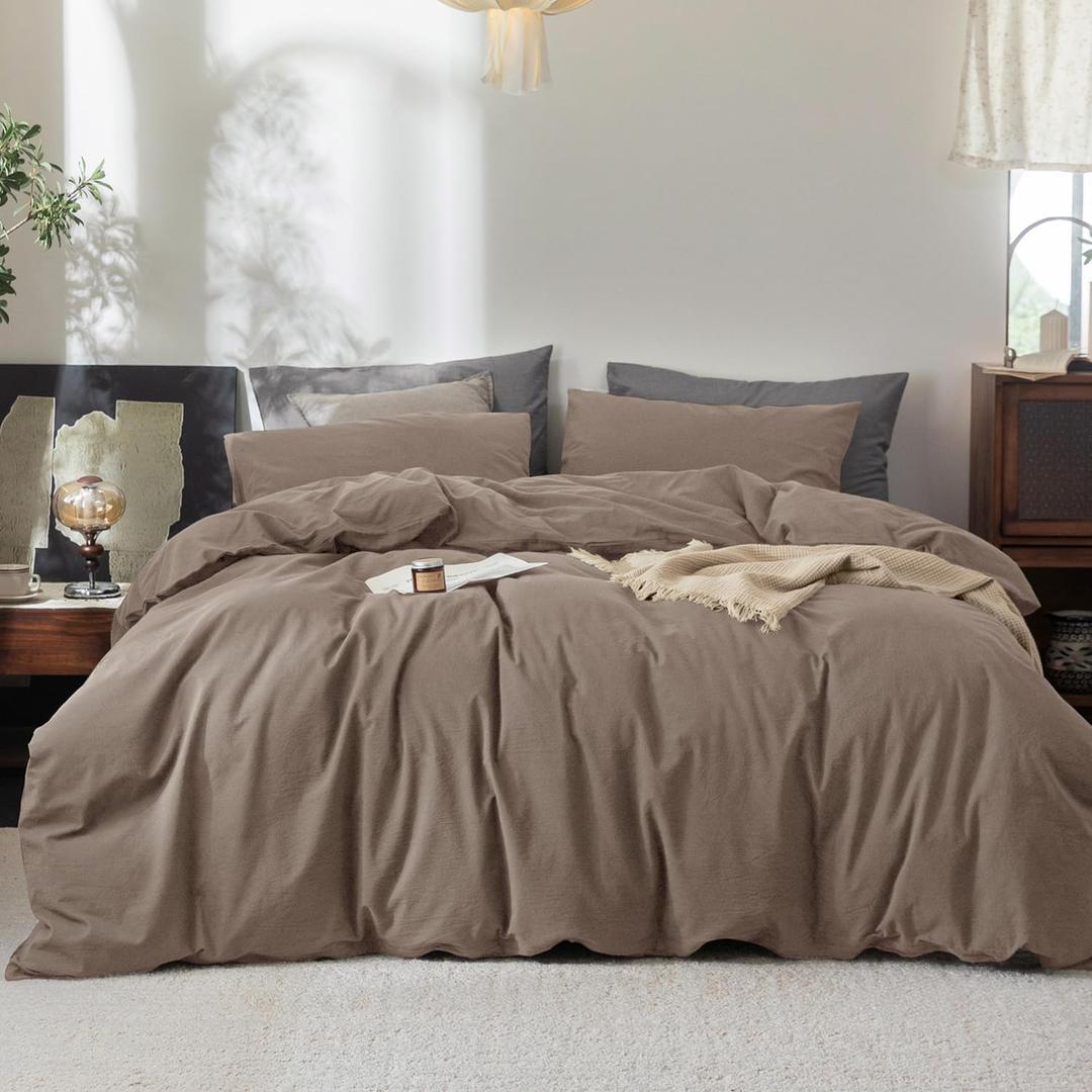 FOSSA Duvet Cover Set 100% Washed Cotton Linen Feel Super Soft Breathable Cozy 3 Pieces Bedding Sets Solid Pale Brown Queen