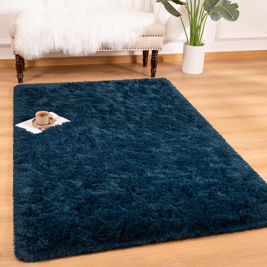 Andecor Soft Fluffy Bedroom Rugs, 3 x 5 Feet Indoor Shaggy Plush Area Rug for Boys Girls Kids Baby College Dorm Living Room Home Decor Floor Carpet, Navy Blue