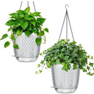 QCQHDU 7.2 Inch 2 Pack Hanging Planters for Indoor Outdoor Plants,Self Watering Flower Pots Hanging Basket,Plastic Plant Hanger with Drainage Holes and 3 Hooks for Window Porch Garden Balcony, (White)