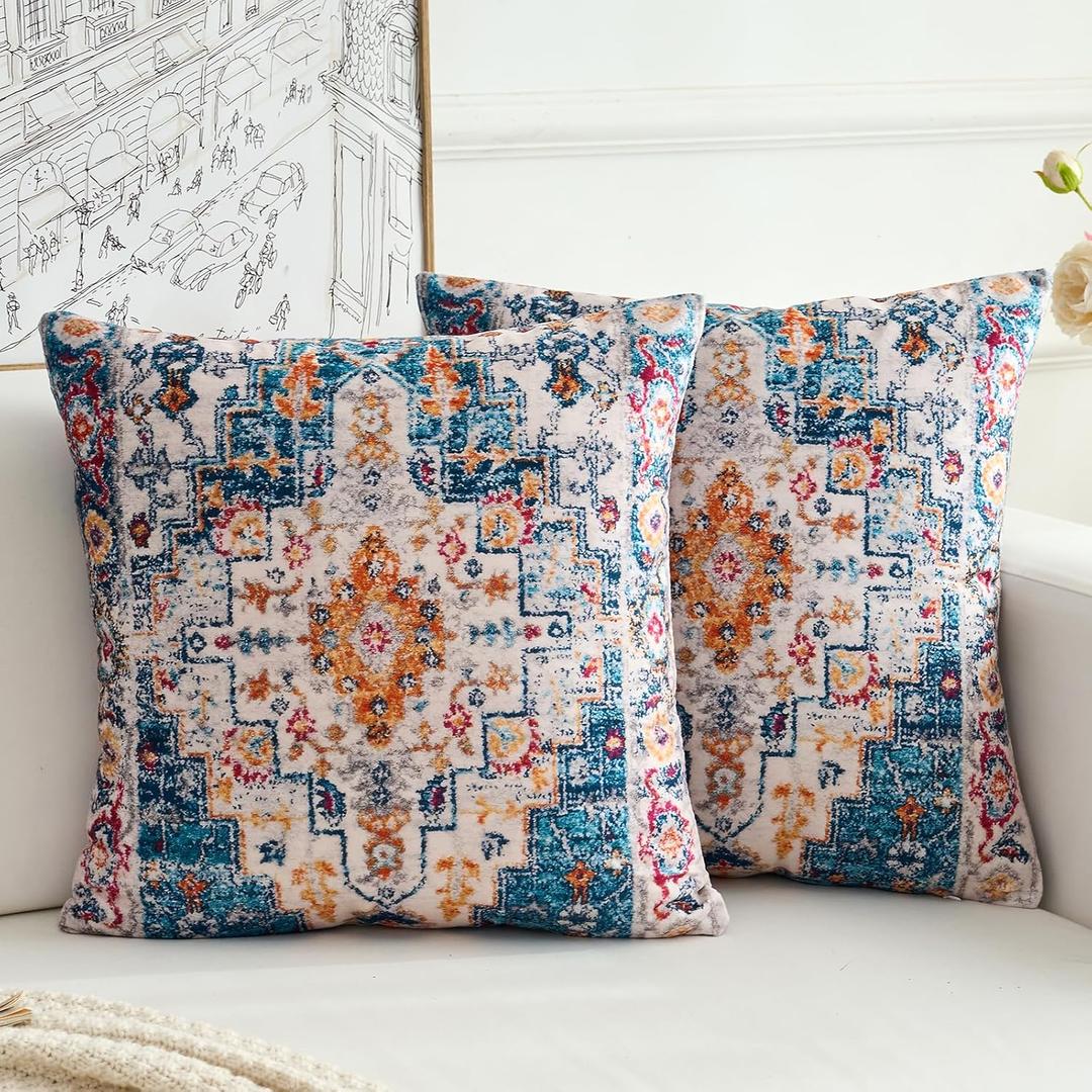 Boho Throw Pillow Covers 18x18 inch Set of 2,Boho Vintage Carpet Pattern Antique Ethnic Decor Double Sided Pattern Cushion Cover Soft Pillow Case Living Sofa Room Bed Square Pillow Cover