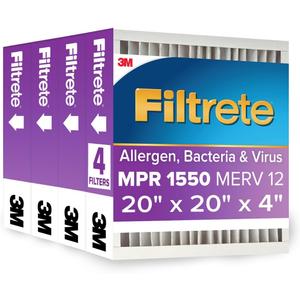 Filtrete 20x20x4 AC Furnace Air Filter, MPR 1550, MERV 12, Fits Honeywell, CERTIFIED Asthma & Allergy Friendly, Electrostatic Air Cleaning Filter, 4-Pack (actual size 19.88 x 19.88 x 4.31)