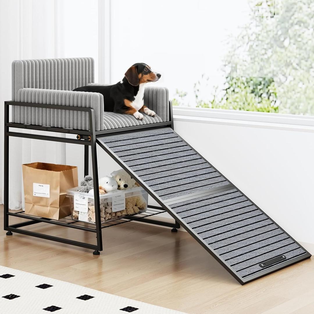 Pet Stairs Ramp with Seat, Dog Window Perch with Stairs and Storage, Dog Seat with Ramp Steps, Folding Pet Ramp for Dogs Cats, Bunk Bed Chair with Sofa Cushion for Bed Couch Office, Hold Up to 110 lbs (Grey)