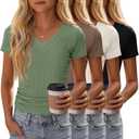 4 Pack Girls Short Sleeve Shirts Ribbed V Neck Tops Fitted Kids Soft Basic Tees Summer