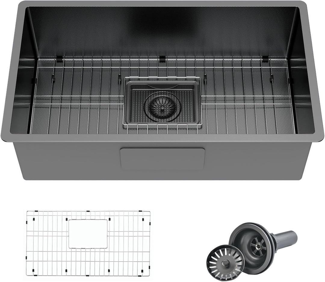 32 Inch Undermount Kitchen Sink,16 Gauge Single Bowl Stainless Steel Kitchen Sink With Accessories. (32"x19"x10") (Black)