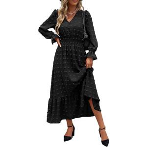 MASCOMODA Women Maxi Dress 2025 Fall Long Sleeve V Neck Swiss Dot Boho Smocked High Waisted A-Line Tiered Flowy Long Dresses (S)