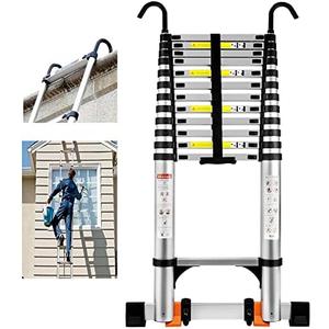 Wolec 16.5 FT Telescoping Ladder with Hooks, Adjustable Multi-Purpose Collapsible Extension with Stabilizers & Wheels, Heavy Duty 330 lbs Max Capacity, Ideal for Home and Outdoor Work, Silver