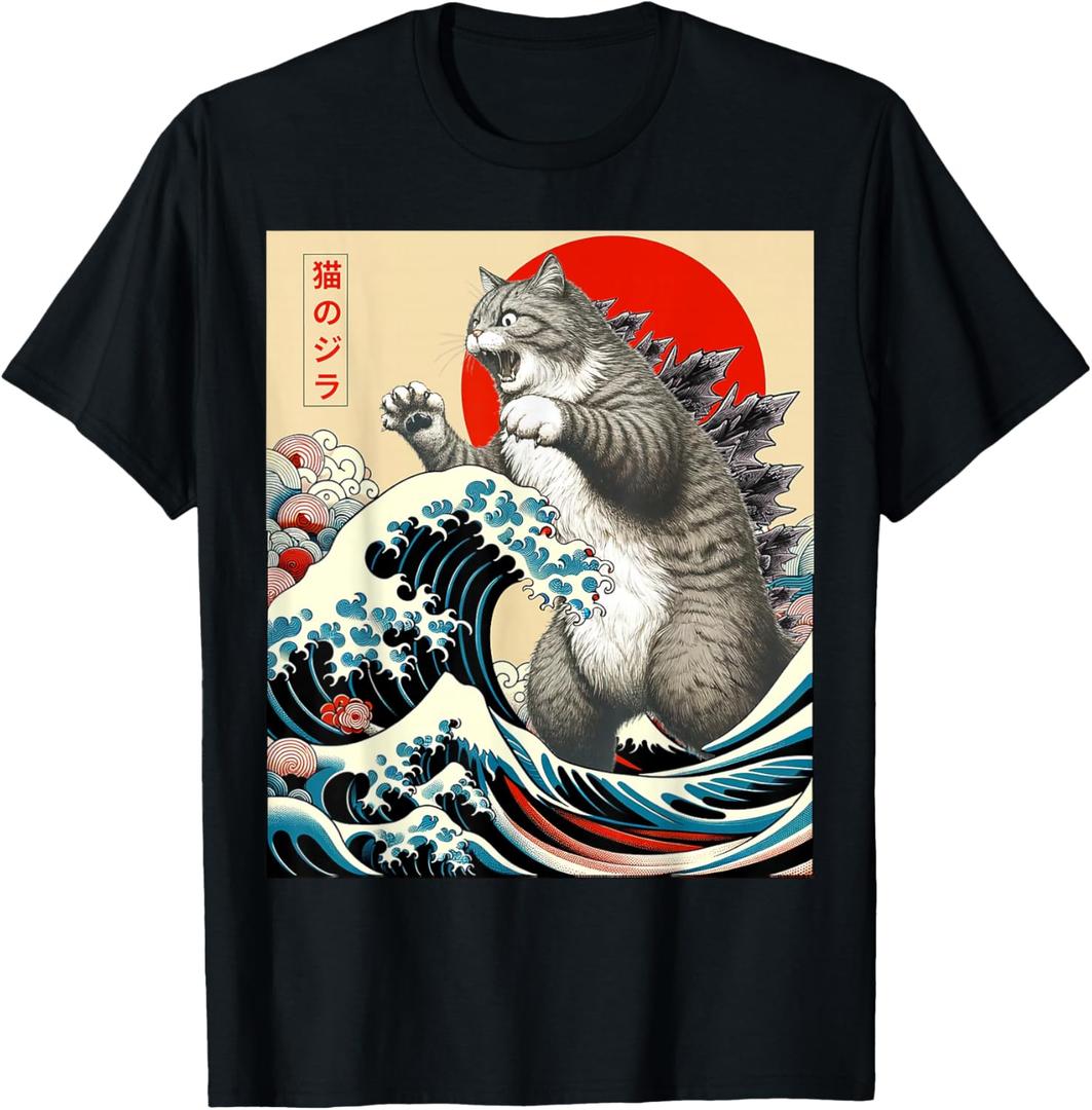 Catzilla Cat Japanese Art Funny Cat Gifts For Men Women Kid T-Shirt 2XL
