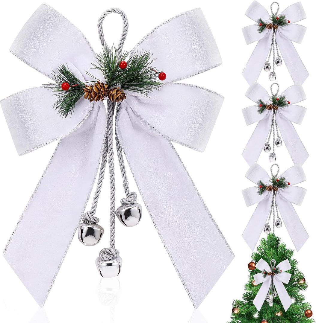 Yinkin Christmas Tree Wreath Bow Christmas Ribbon Bows with Bells 11 x 7.8 in Velvet Pine Cone Bowknot Xmas Tree Hanging Ornaments Decor for Home Xmas Party Outdoor Indoor(White,4 Pcs)