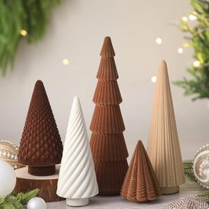 Weysat 5 Pcs Neutral Velvet Christmas Tree Decorations Modern Christmas Cone Trees Decoration Minimalist Flocked Tabletop Centerpieces for Holiday Entryway Table Mantel Xmas Party (Brown)