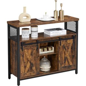 VASAGLE Buffet Cabinet, Coffee Bar Storage Cabinet, Sideboard with 2 Sliding Barn Doors, Adjustable Shelves, 13 x 39.4 x 31.5 Inches, for Living Room, Rustic Brown and Ink Black ULSC092B01