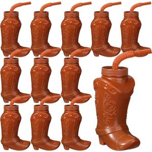 Hoolerry Cowboy Boot Cups with Lids and Straws 10 oz Party Cups Western Rodeo Party Supplies Favors Reusable Plastic Drinkware(Brown,12 Pcs)