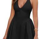 Parthea Women's Summer Halter V Neck Flowy Mini Dress Flowy A Line Bow Tie Backless Party Short Dresses (4-6), M