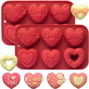 2 Pack Silicone Heart Mold, 6 Unique Valentine's Day Heart Chocolate Molds,Heart Shapes Silicone Baking Mold for Cake Chocolate Mousse, Food Grade Non-Stick Flexible Mold Oven Safe