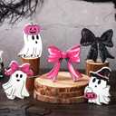 3 x 5 Pcs Pink Black Halloween Table Decor, 5 Styles Cute Wooden Ghosts and Bows Halloween Decorations Indoor, Funny Ghost Tabletop Centerpieces Tiered Tray Decor Signs for Home Office Room