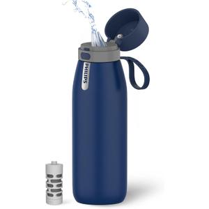 PHILIPS Water Bottle with Filter, Filter Water Bottle Stainless Steel with GoZero Everyday BPA-Free Tap Water Filter, Water Filter Bottle Keep Drink Cold 24 Hours (Navy Blue-Stainless)