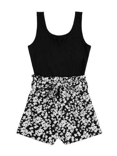SOLY HUX Women's Summer Sleeveless Belted Tank Romper Short Jumpsuit Black and White Floral XX-Large