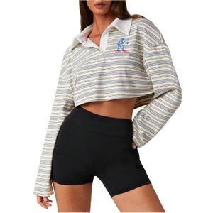 RoseSeek Women's Oversized Sweatshirts Collar Striped Embroidery Preppy Pullovers Long Sleeve Crop Tops (Gray, L)